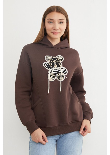 3 Iplik Ayıcık Nakışlı Cepli Kapüşonlu Oversize Sweatshirt modelleri