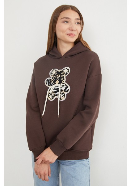 3 Iplik Ayıcık Nakışlı Cepli Kapüşonlu Oversize Sweatshirt indirimleri