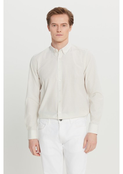 Pamuklu Tailored Slim Fit Dar Kesim Düğmeli Klasik Yaka Çizgili Gömlek