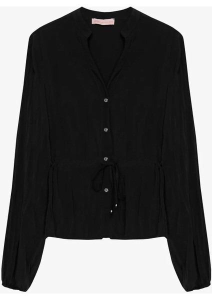 Buruşuk Dokulu Beli Bağcıklı Düğmeli Siyah Kadın Gömlek GML00979