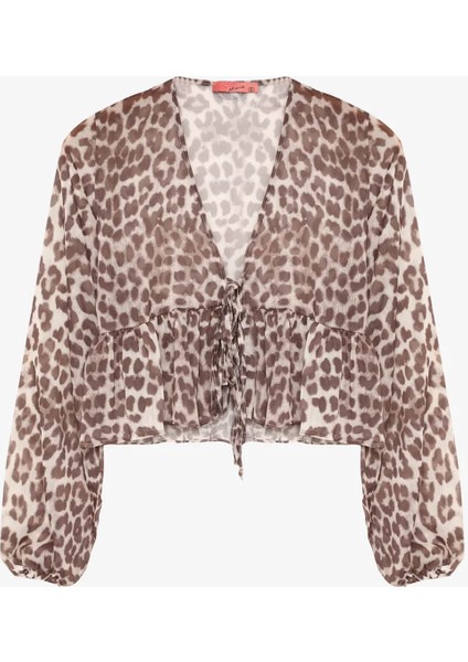 Leopar Desenli Bağcıklı Fırfırlı Tül Bej Kadın Bluz BLZ00834 fiyatları