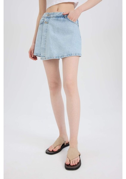 Yüksek Bel Jean Şort Etek