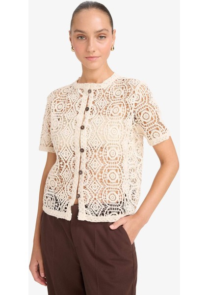 Regular Fit Bisiklet Yaka Brode Kısa Kollu Hırka G0487AX25AU