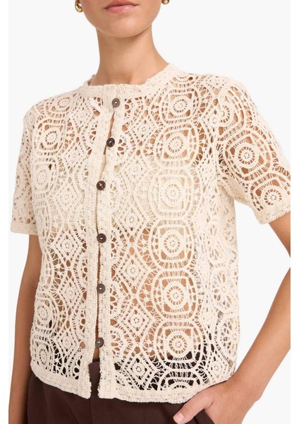 Regular Fit Bisiklet Yaka Brode Kısa Kollu Hırka G0487AX25AU indirimleri