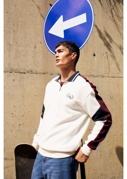 Boxy Fit Dik Yaka Fermuarlı Baskılı Sweatshirt F0114AX25AU