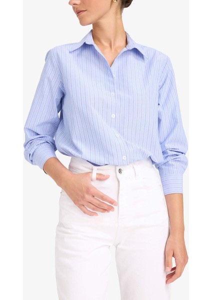 Oversize Geniş Kalıp Çizgili Poplin Uzun Kollu Gömlek G0026AX25AU indirimleri