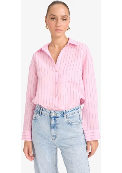 Oversize Geniş Kalıp Çizgili Modal Uzun Kollu Gömlek G0044AX25AU