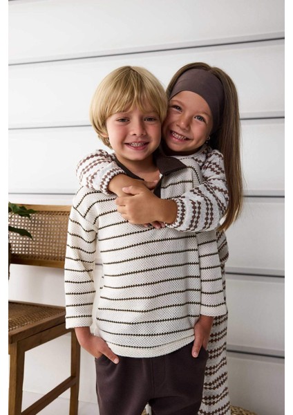 Erkek Bebek Gömlek Yaka Triko Görünümlü Çizgili Uzun Kollu Tişört G1961A525AU