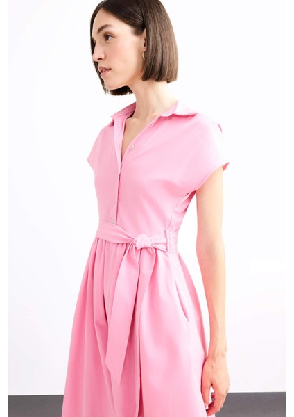 Terry Cotton Kısa Kollu Kemerli Midi Elbise G0392AX25SM