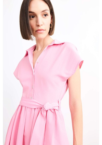 Terry Cotton Kısa Kollu Kemerli Midi Elbise G0392AX25SM