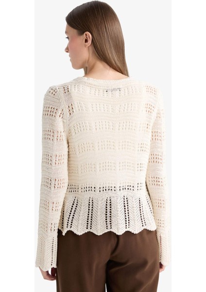 Regular Fit V Yaka Önden Bağlamalı Ajurlu Triko Hırka F7391AX25AU