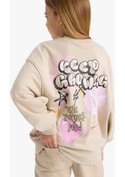 Kız Çocuk Oversize Geniş Kalıp Bisiklet Yaka Sırt Baskılı Sweatshirt E6756A825AU