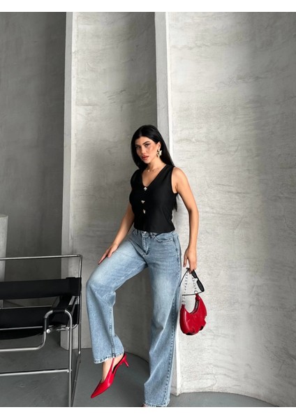 Palazzo Straight Kar Yıkama Jeans Pantolon Mavi D2008 fırsatları