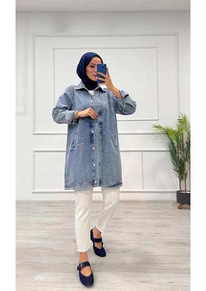 Taşlı Tunik Ceket Kar Yıkamalı Mavi D2516