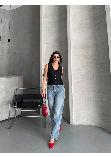 Palazzo Straight Kar Yıkama Jeans Pantolon Mavi D2008 fiyatları