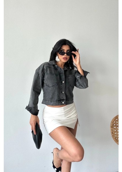 Çift Cepli Kol Katlamalı Süper Taş Enzim Yıkama Crop Kot Ceket Füme D2000