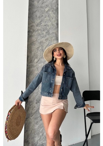 Çift Cepli Kol Katlamalı Kar Yıkama Crop Kot Ceket Kahve Tint D2000 fırsatları