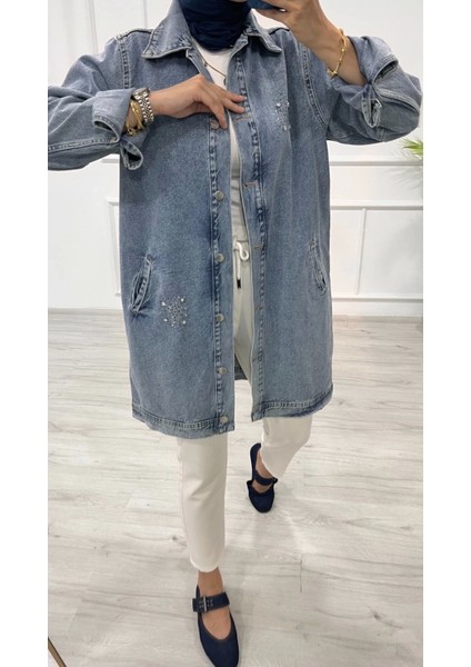 Taşlı Tunik Ceket Kar Yıkamalı Mavi D2516
