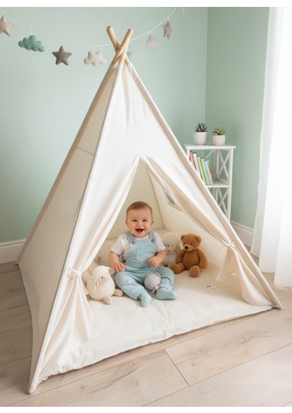 Işıklı Çocuk Oyun Çadırı Kızıldereli Çadırı Oyun Evi Minder ve Yastıklı Bej