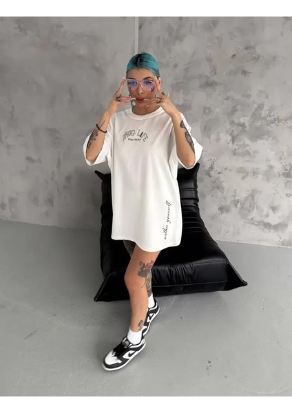 Unisex Baskılı Oversize T-Shirt - Beyaz fiyatları