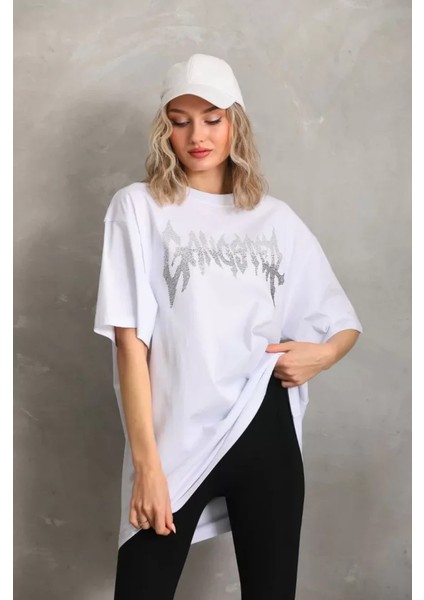 Unisex Taş Desenli Oversize T-Shirt - Beyaz indirimleri