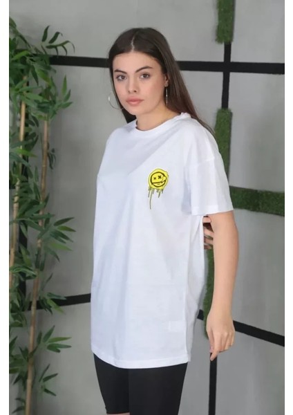Unisex Bisiklet Yaka Baskılı Oversize T-Shirt - Beyaz indirimleri