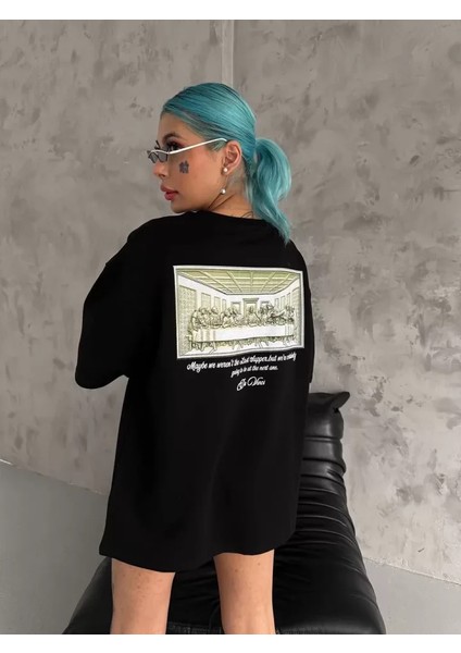 Unisex Baskılı Oversize T-Shirt - Siyah indirimleri