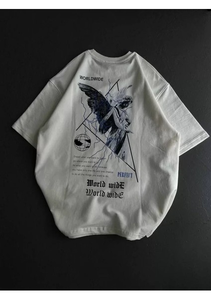 Unisex Bisiklet Yaka Baskılı Oversize T-Shirt - Beyaz fırsatları