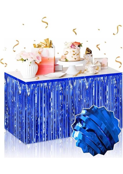 Nessiworld Kendinden Yapışkanlı Mavi Metalize Püsküllü Masa Eteği – 75 x 275 cm Parti Süslemesi