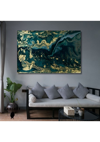 Tekli Yatay Kanvas Duvar Tablosu Yeşil Gold Mermer Deseni