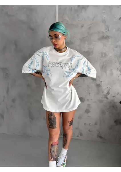 Unisex Bisiklet Yaka Baskılı Oversize T-Shirt - Beyaz