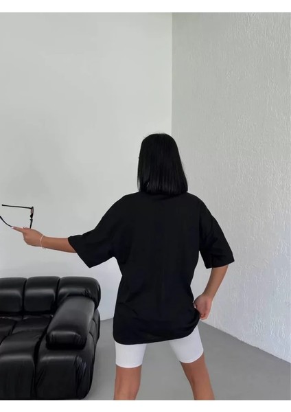 Unisex Bisiklet Yaka Baskılı Oversize T-Shirt - Siyah fiyatları