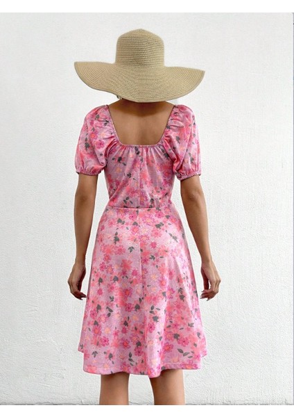 Kadın Kısa Kollu Mini Çiçek Baskılı Bağcık Detay Süprem Midi Boy Elbise fırsatları