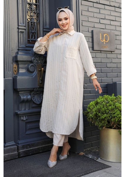 Kadın Çizgili Bej Tunik – %100 Polyester, Klasik Yaka, Uzun Kollu, Cepli, İlkbahar-Yaz Koleksiyonu fırsatları