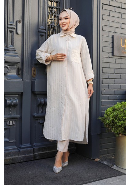 Kadın Çizgili Bej Tunik – %100 Polyester, Klasik Yaka, Uzun Kollu, Cepli, İlkbahar-Yaz Koleksiyonu indirimleri