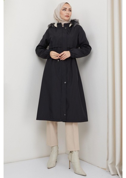 Allerli Siyah İçi Kürklü Bondit Kadın Mont – Kapüşonlu, Fermuarlı ve Düğmeli Kışlık Dış Giyim