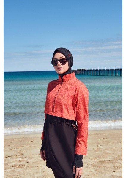 Esila Tam Tesettür Desenli Mayo Üstü – Su İtici Hafif Polyester-Elastan, Turuncu-Siyah Yazlık Tasarım