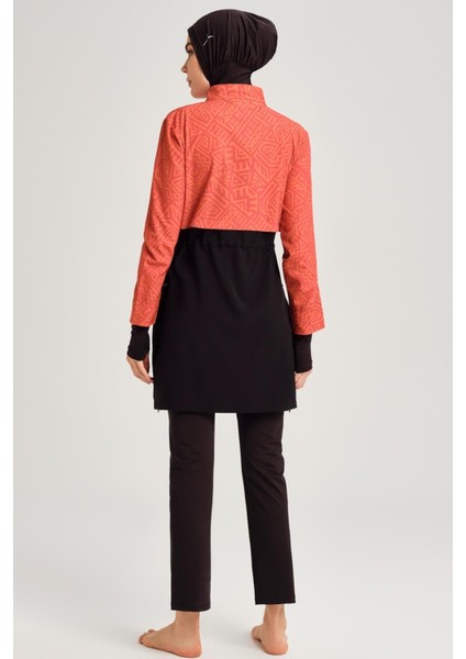 Esila Tam Tesettür Desenli Mayo Üstü – Su İtici Hafif Polyester-Elastan, Turuncu-Siyah Yazlık Tasarım