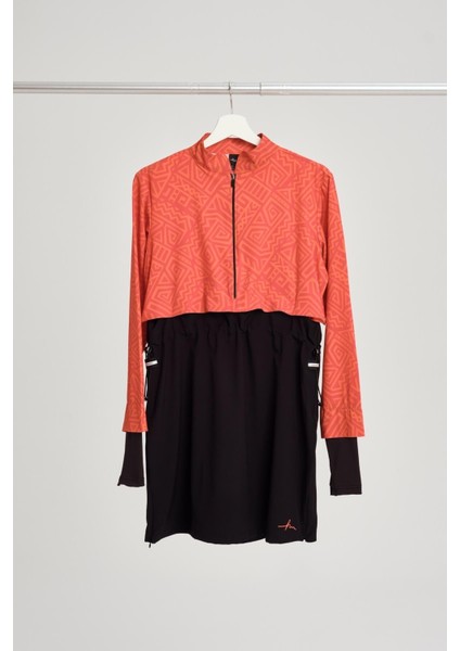 Esila Tam Tesettür Desenli Mayo Üstü – Su İtici Hafif Polyester-Elastan, Turuncu-Siyah Yazlık Tasarım