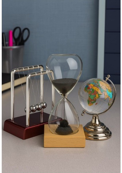 Dekoratif Ofis Hediyesi 3'lü Masa Set Newton Topu Manyetik Kum Saati Kristal Dünya Küresi Hediye Set