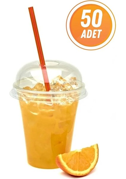 350 cc Pet Plastik Bardak Kapaklı Pipet Dahil 50 Adet