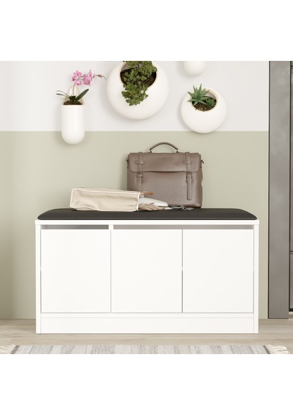 Comfort Puflu Minderli Oturaklı Ayakkabılık 3 Kapaklı Dolap 90CM Beyaz