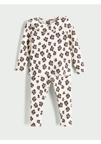 Lcw Baby Ekru Bisiklet Yaka Çiçekli Kız Bebek Tişört ve Tayt 2'li Takım