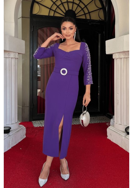 Atlas Kumaş Kolları Taş Detaylı Kalem Elbise - Mor