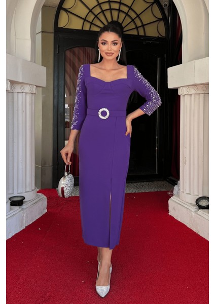 Atlas Kumaş Kolları Taş Detaylı Kalem Elbise - Mor fiyatları