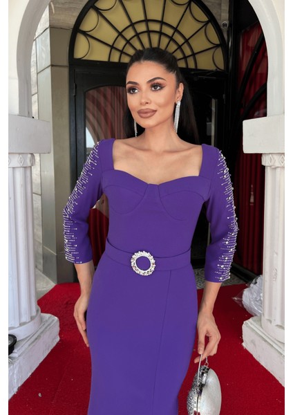 Atlas Kumaş Kolları Taş Detaylı Kalem Elbise - Mor fırsatları