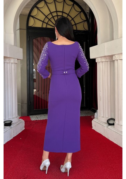 Atlas Kumaş Kolları Taş Detaylı Kalem Elbise - Mor indirimleri