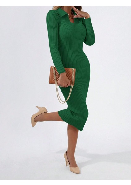 Kadın Uzun Kollu Yakalı Triko Elbise