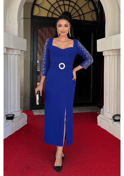 Atlas Kumaş Kolları Taş Detaylı Kalem Elbise - Saks Mavi fiyatları