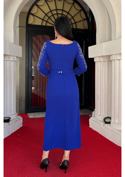 Atlas Kumaş Kolları Taş Detaylı Kalem Elbise - Saks Mavi indirimleri